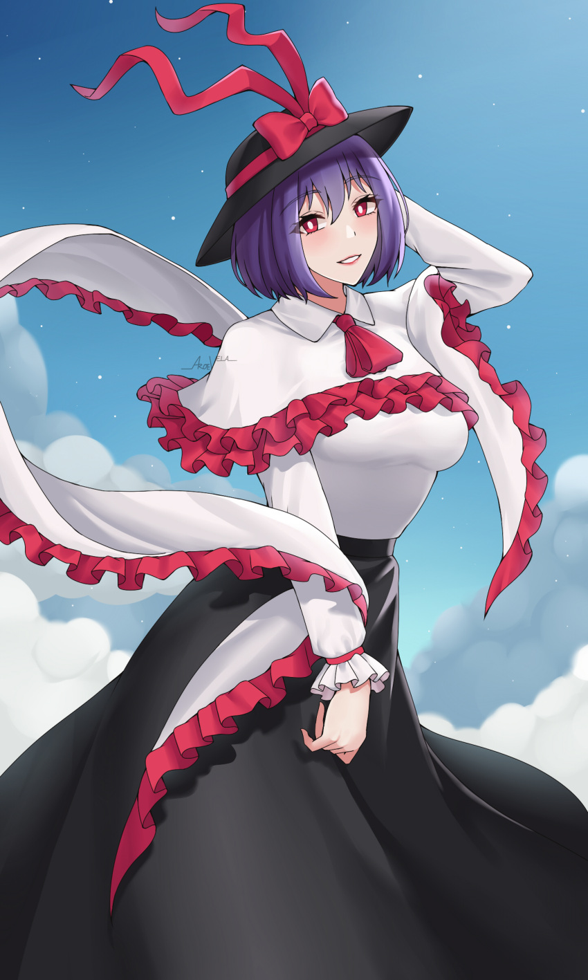 1girl :d absurdres aroevela ascot bangs black_headwear black_skirt blue_sky bow breasts bright_pupils capelet cloud collared_shirt frilled_capelet frilled_shawl frills hand_in_own_hair hat hat_bow highres large_breasts long_sleeves looking_at_viewer nagae_iku outdoors purple_hair red_ascot red_bow red_eyes shawl shirt short_hair skirt sky smile solo too_many too_many_frills touhou white_capelet white_pupils white_shirt