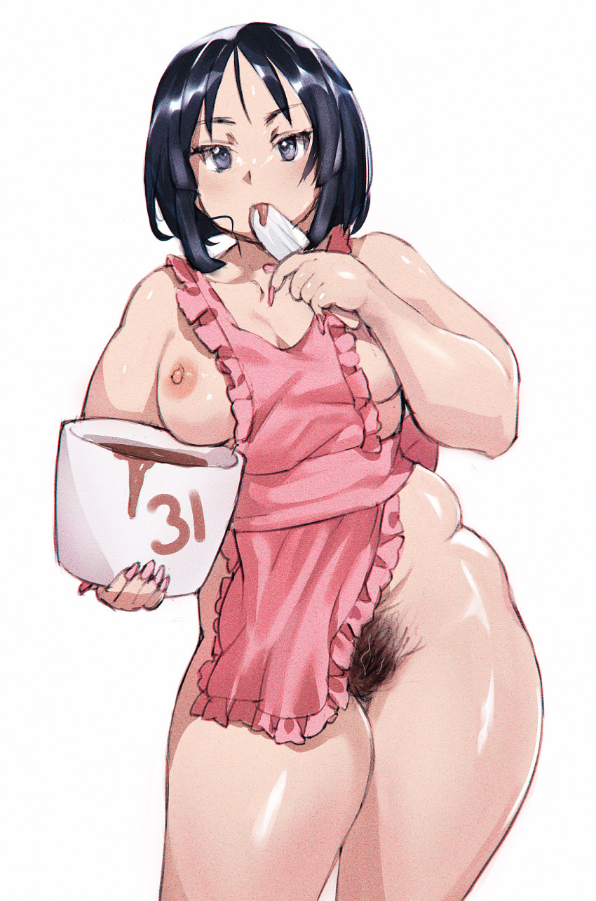 1girl apron apron_aside black_hair bowl breasts character_request chocolate copyright_request female_pubic_hair highres holding holding_bowl keigi large_breasts mature_female naked_apron pink_apron pubic_hair short_hair solo spatula
