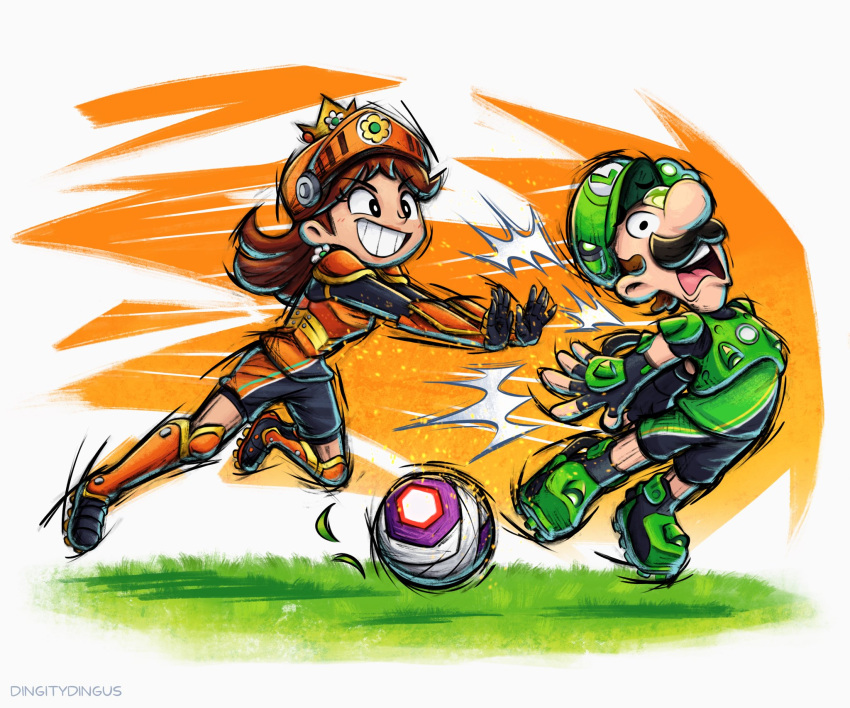 1boy 1girl armor ball bangs black_eyes black_footwear black_gloves black_shirt black_shorts blush breastplate bright_pupils brown_hair cleats commentary crown english_commentary facial_hair fingerless_gloves flower_(symbol) full_body gloves grass green_armor green_footwear green_headwear green_shirt grin hat helmet highres leg_armor long_sleeves luigi making-of_available mario_(series) mario_strikers:_battle_league medium_hair motion_lines mustache official_style open_mouth orange_armor orange_headwear outstretched_arms parted_bangs princess_daisy pushing running shirt shoes short_hair short_sleeves shorts shoulder_armor simple_background smile soccer soccer_ball sportswear teeth tongue vambraces vinny_(dingitydingus) white_background white_pupils