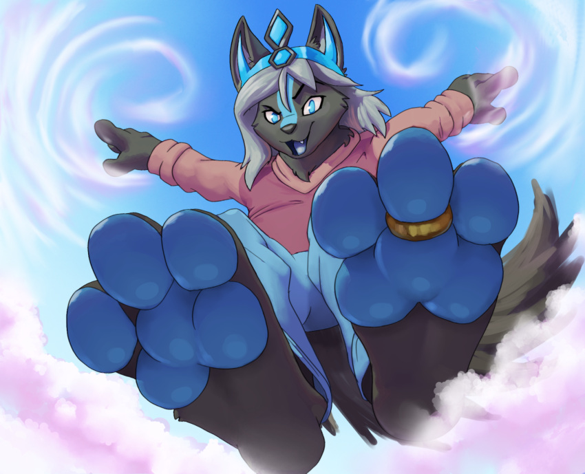 2023 3_toes anthro blockman3_(artist) blue_bottomwear blue_clothing blue_pants bottomwear canid canine canis clothing cloud digital_media_(artwork) feet foot_focus giga hi_res imminent_stomp jumping landing looking_at_viewer looking_down_at_viewer macro mammal open_mouth pants pawpads paws sky toes topwear wolf