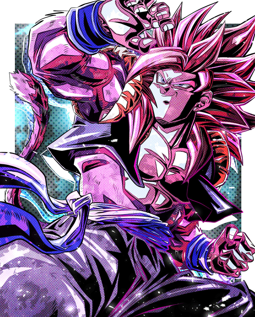 absurdres arm_up bangs blue_sash clenched_hand clenched_hands dragon_ball dragon_ball_gt fighting_stance fusion fusion_dance gogeta hand_up highres male_focus metamoran_vest monkey_boy monkey_tail open_hand red_fur red_hair sash smile smirk solo spiked_hair standing super_saiyan super_saiyan_4 tail ushi_(akabec0)