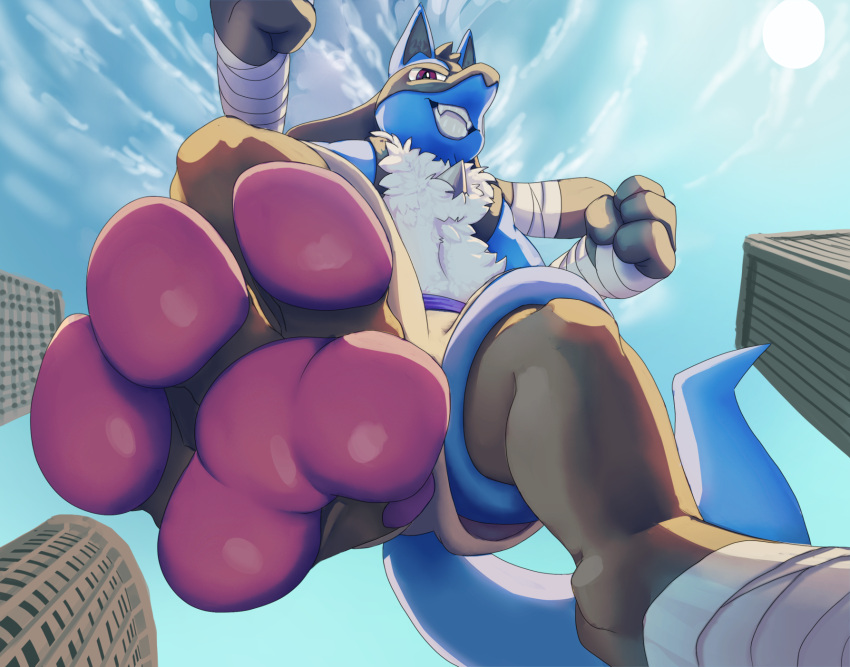 2023 3_toes bandage black_body black_fur blockman3_(artist) blue_body blue_fur bottomwear building city city_crushing clothed clothing cloud fan_character feet foot_focus fur generation_4_pokemon hi_res looking_at_viewer looking_down_at_viewer lucario macro male nintendo open_mouth pawpads paws perspective pokemon pokemon_(species) sky skyscraper toes topless topless_male