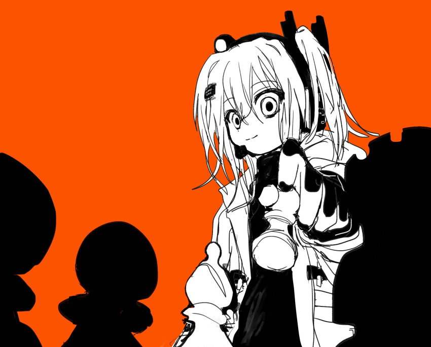 1girl a.i._voice adachi_rei bishop_(chess) board_game chess chess_piece closed_mouth computer_chip empty_eyes from_below gloves greyscale hair_between_eyes hair_ornament hairclip hand_up headlamp headset highres holding_chess_piece hood hood_down hooded_jacket ishitsuki_(_0101_831) jacket looking_at_viewer medium_hair monochrome multicolored_clothes multicolored_gloves open_clothes open_jacket orange_background pawn_(chess) radio_antenna rook_(chess) side_ponytail silhouette smile solo spot_color turtleneck upper_body utau