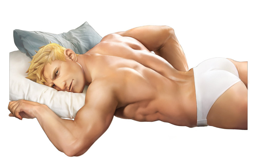 1boy ass bara blonde_hair briefs highres large_pectorals looking_at_viewer lying male_focus male_underwear muscular muscular_male nez on_stomach overwatch overwatch_1 parted_lips pectorals pillow short_hair simple_background soldier:_76_(overwatch) solo underwear white_background white_male_underwear