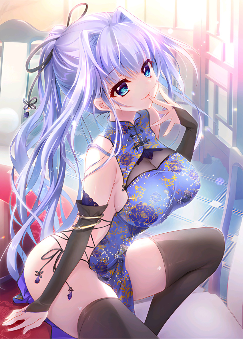 1girl 9-nine- arm_support ass back_cutout bangs bare_shoulders black_gloves black_ribbon black_thighhighs blue_collar blue_dress blue_eyes blue_flower blue_hair blue_rose blunt_bangs breasts chair china_dress chinese_clothes cleavage clothing_cutout collar color_issue dress elbow_gloves eyelashes finger_to_mouth fingerless_gloves fingernails floral_print flower gloves hair_intakes head_tilt highres indoors izumi_tsubasu kousaka_haruka large_breasts long_hair looking_at_viewer no_bra official_art on_table open_hand parted_lips ponytail ribbon ribbon-trimmed_dress ribbon_hair rose sideboob sidelocks sitting sitting_on_table smile solo sparkle sunlight table tassel thighhighs thighs third-party_edit very_long_hair