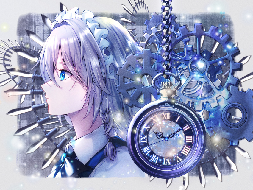 1girl akane_(a_reddam) analog_clock blue_eyes border bow braid chain clock cropped_torso danmaku expressionless from_side gears highres izayoi_sakuya knife light_particles long_hair looking_ahead maid_headdress parted_lips pocket_watch profile roman_numeral solo throwing_knife touhou upper_body watch weapon