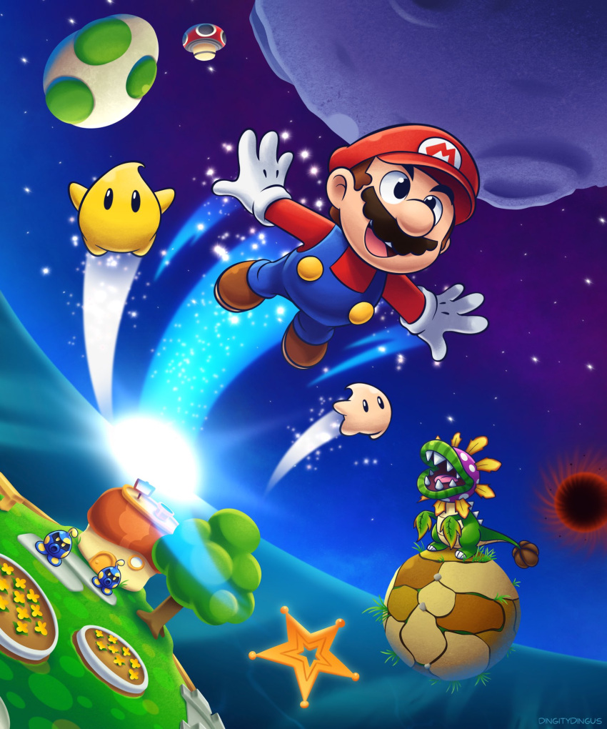 1boy :d artist_name asteroid black_eyes black_hole blue_overalls blue_pants brown_footwear brown_hair buttons commentary dino_piranha_(mario) english_commentary facial_hair flower flying full_body gloves grass hat highres house launch_star_(mario) long_sleeves luma_(mario) mario mario_(series) mushroom mustache octoomba open_mouth outstretched_arms overalls pants planet red_headwear red_shirt sharp_teeth shirt shoes short_hair smile space sparkle spread_arms star_(sky) star_(symbol) super_mario_galaxy teeth tongue tree vinny_(dingitydingus) warp_pipe white_gloves yellow_flower yoshi_egg