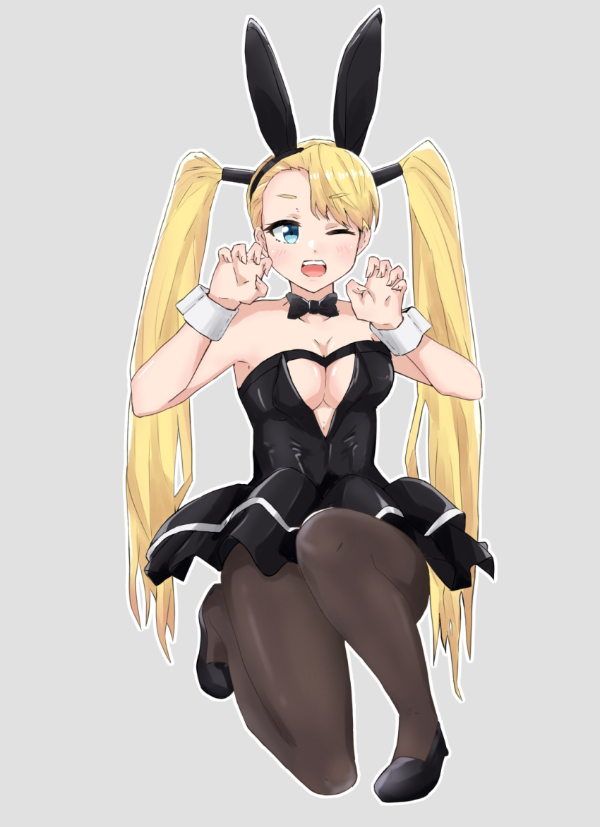 1girl animal_ears asymmetrical_bangs bangs bare_shoulders black_bow black_bowtie black_dress black_footwear blonde_hair blue_eyes blush bow bowtie breasts center_opening claw_pose cleavage commentary_request dress fake_animal_ears fingernails flats full_body genjimarup highres large_breasts long_hair no_bra no_mask nontraditional_playboy_bunny one_eye_closed one_knee open_mouth rabbit_ears rainbow_mika solo strapless strapless_dress street_fighter street_fighter_v twintails upper_body very_long_hair wrist_cuffs