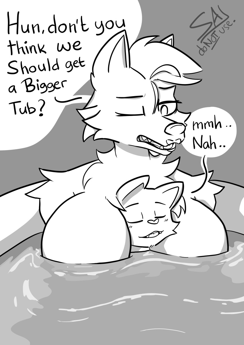 &lt;3 absurd_res anthro bathing bathroom bathtub big_breasts breasts canid canine canis domestic_cat duo felid feline felis female half_submerged head_between_breasts heart_nose hi_res huge_breasts larger_female male male/female mammal married_couple size_difference smaller_male valosisdrunk water wolf