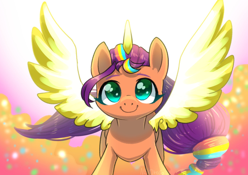 digital_media_(artwork) equid equine eyebrows eyelashes feathered_wings feathers female feral green_eyes hair hasbro hi_res horn long_hair looking_up mammal mlp_g5 multicolored_hair my_little_pony orange_body purple_hair smile solo spread_wings sunny_starscout_(mlp) winged_unicorn wings yellow_body yellow_feathers yellow_horn yukkuri_yu_yu