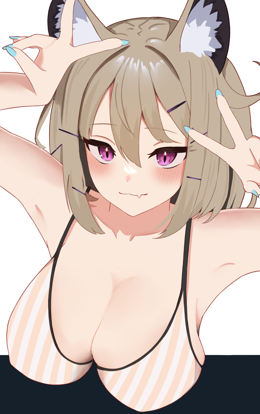 1girl absurdres animal_ear_fluff animal_ears arknights armpits arms_up bangs binware blush breasts brown_hair cleavage collarbone double_v fang fingernails hair_ornament hairclip highres large_breasts long_fingernails long_hair nail_polish official_alternate_costume purple_eyes simple_background skin_fang smile solo utage_(arknights) utage_(summer_flowers)_(arknights) v white_background