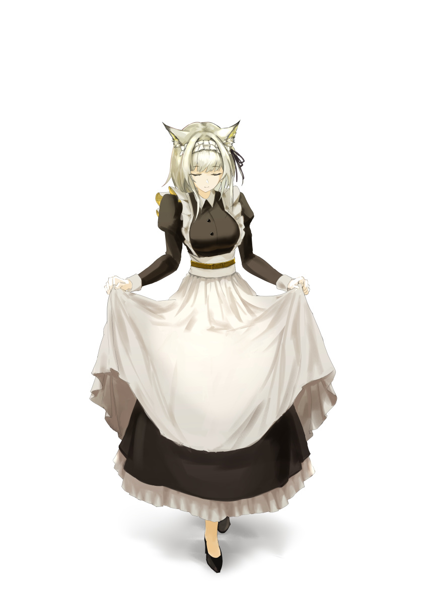 1girl absurdres animal_ear_fluff animal_ears apron apron_hold arknights belt black_dress black_footwear cat_ears closed_eyes closed_mouth dress facing_viewer frilled_dress frills full_body grey_hair highres impossible_clothes impossible_dress juliet_sleeves kal'tsit_(arknights) long_sleeves maid maid_headdress official_alternate_costume puffy_sleeves short_hair simple_background solo standing utsuke white_apron white_background