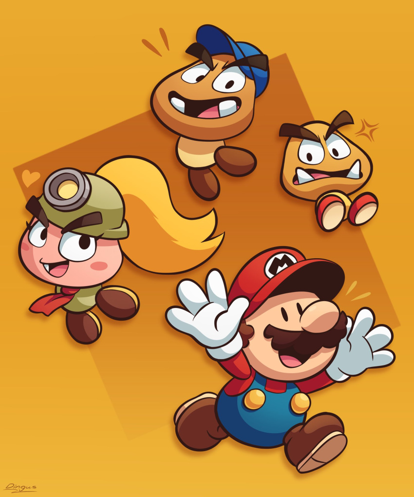 1girl 2boys :d anger_vein arms_up baseball_cap blonde_hair blue_headwear blue_overalls blue_pants blush blush_stickers brown_background brown_footwear brown_hair buttons commentary english_commentary facial_hair fang full_body gloves goomba goombario goombella hat headlight heart helmet highres long_hair long_sleeves looking_at_viewer mario mario_(series) multicolored_background multiple_boys mustache necktie notice_lines open_mouth orange_background overalls pants paper_mario paper_mario:_the_thousand_year_door paper_mario_64 ponytail red_headwear red_necktie red_shirt sharp_teeth shirt shoes short_hair smile solid_oval_eyes teeth tusks v-shaped_eyebrows vinny_(dingitydingus) white_gloves