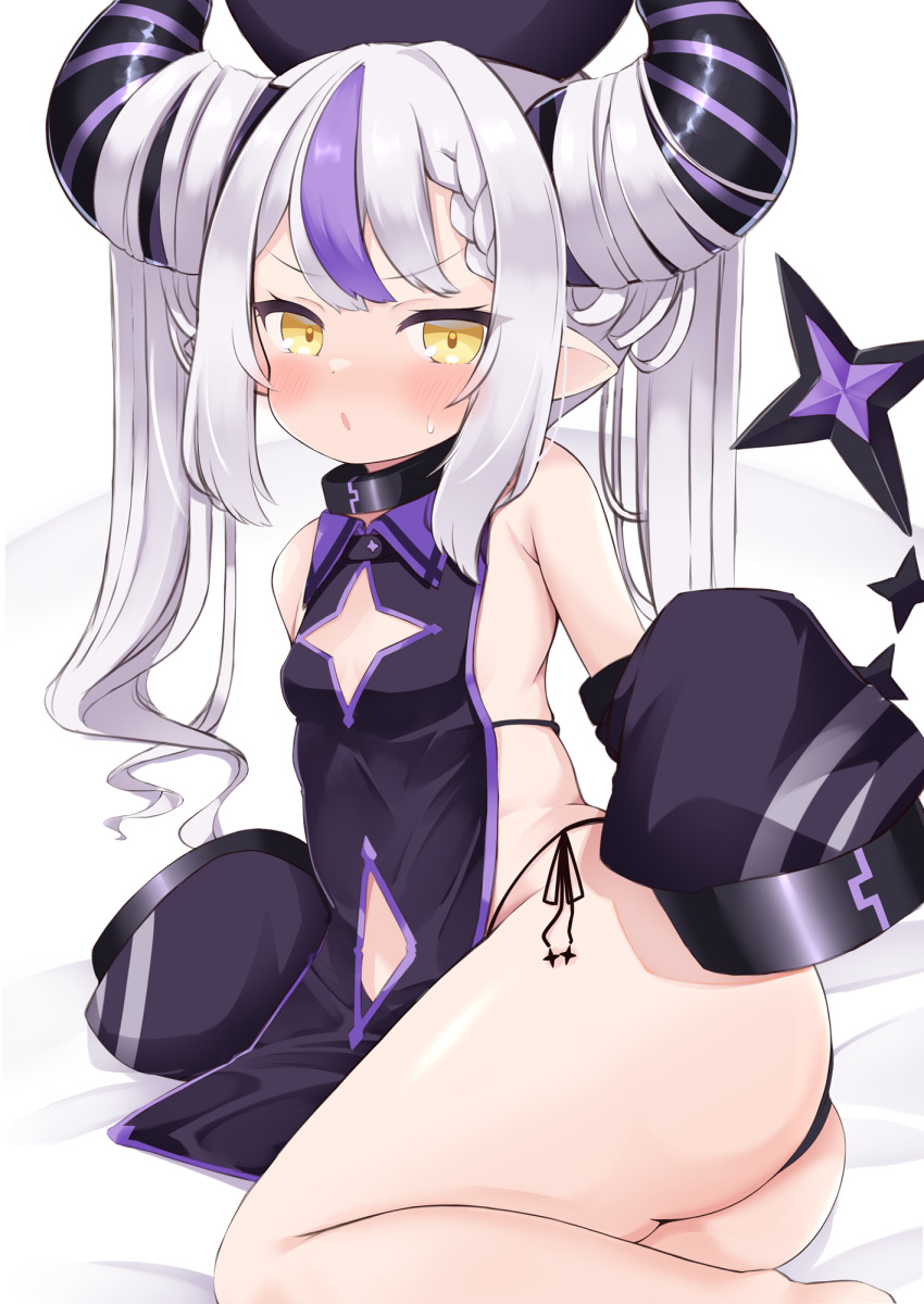 1girl ass bangs blush braid chinese_clothes cocozasa demon_girl demon_horns detached_sleeves dress grey_hair hair_between_eyes hat highres hololive horns jewelry jiangshi_costume la+_darknesss long_hair long_sleeves looking_at_viewer multicolored_hair neck_ring open_mouth panties pointy_ears purple_hair qing_guanmao side-tie_panties sidelocks sleeves_past_fingers sleeves_past_wrists solo streaked_hair striped_horns sweat thighs underwear very_long_hair virtual_youtuber white_background wide_sleeves yellow_eyes