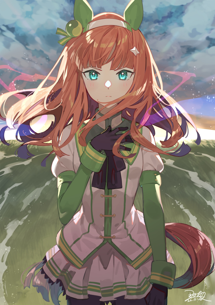 1girl black_gloves blush bow bowtie breasts closed_mouth cloud cowboy_shot dated ear_covers gloves green_eyes hairband hand_on_own_chest high_collar highres horizon horse_girl horse_tail jacket long_hair long_sleeves nao_(syn_eaa) orange_hair outdoors signature silence_suzuka_(umamusume) skirt small_breasts solo standing tail umamusume white_jacket white_skirt wind