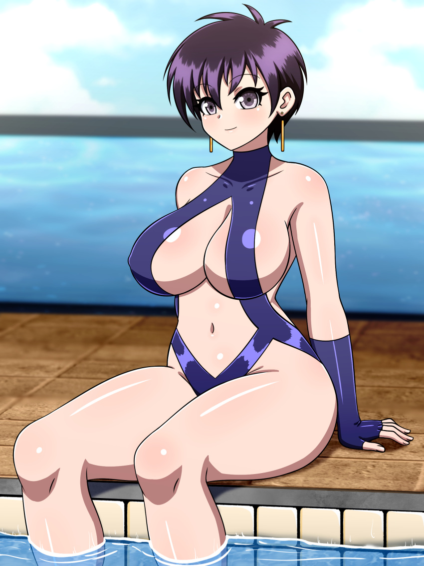 1girl absurdres arm_support bangs bare_shoulders black_hair blue_gloves blue_one-piece_swimsuit breasts cleavage_cutout clothing_cutout earrings fingerless_gloves gloves grey_eyes heart heart_earrings highres jewelry large_breasts meryl_stryfe navel one-piece_swimsuit partially_submerged pool shiny_skin short_hair sitting sky smile solo stomach stomach_cutout swimsuit thighs trigun water yensh