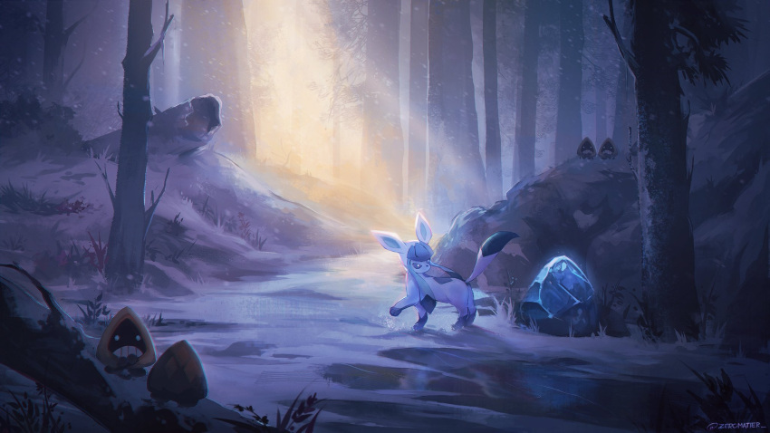 bare_tree blue_eyes bright_pupils commentary fallen_tree frown glaceon highres light_rays looking_back no_humans outdoors pokemon pokemon_(creature) snorunt snow standing teeth tree watermark white_pupils zeromatter