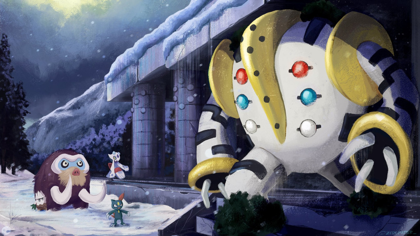 black_eyes commentary froslass highres mamoswine night no_humans outdoors pillar pokemon pokemon_(creature) regigigas sneasel snow snowing snowpoint_city stairs standing tree zeromatter