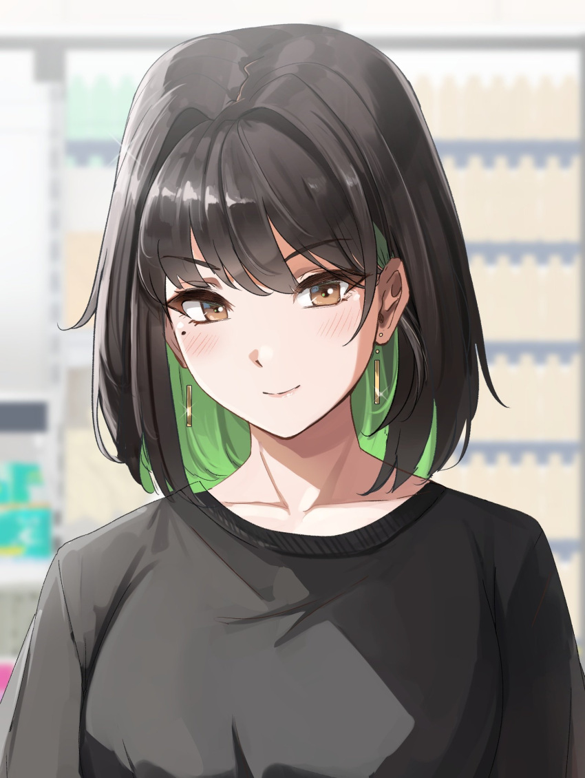 1girl bangs black_hair black_shirt blurry blurry_background blush brown_eyes closed_mouth collarbone colored_inner_hair commentary earrings english_commentary green_hair hair_intakes highres indoors jewelry looking_at_viewer miru_(ormille) multicolored_hair original ormille shirt short_hair smile solo two-tone_hair