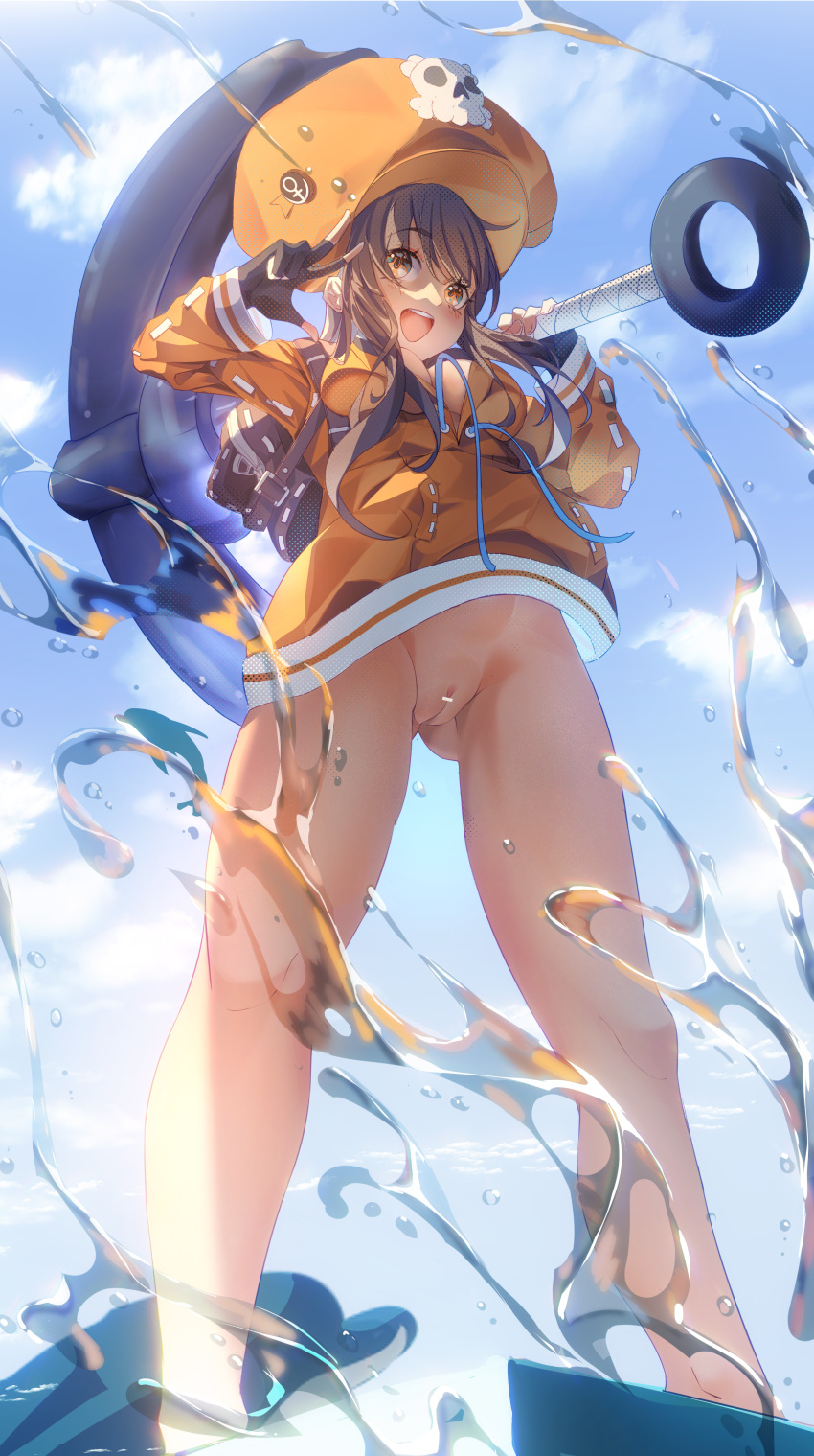 1girl :d absurdres anchor anchor_symbol ass ass_visible_through_thighs backpack bag bar_censor bare_legs bike_shorts black_gloves blue_sky blush boqee breasts brown_eyes brown_hair cabbie_hat censored cleavage cloud dolphin fingerless_gloves from_below gloves guilty_gear guilty_gear_strive hat highres holding holding_weapon hood hoodie huge_weapon large_breasts long_hair looking_at_viewer may_(guilty_gear) mr._dolphin_(guilty_gear) ocean open_mouth orange_hoodie pussy salute sky smile solo thighs water weapon