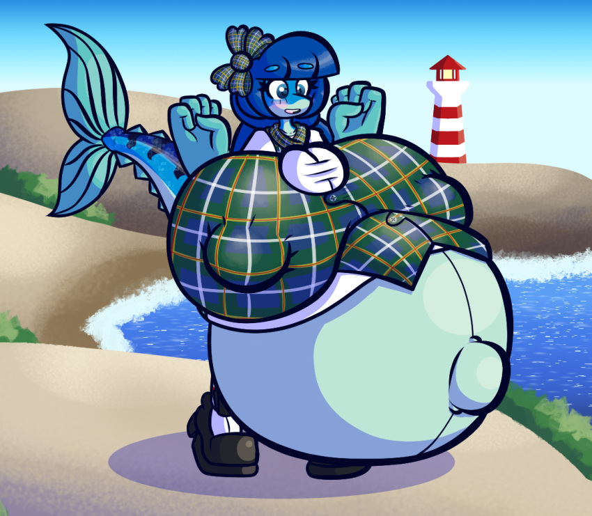 anthro bangs big_breasts blue_body blue_eyes blue_hair bottomwear bow_ribbon breasts bulging_breasts clothing dress erect_nipples female fin fish fish_tail footwear hair huge_breasts hyper hyper_breasts hyper_pregnancy lighthouse mackenzie_(sprucy) mackerel_(fish) marine navel nipple_outline nipples non-mammal_breasts outie_navel pattern_clothing pattern_topwear plaid plaid_clothing plaid_topwear ponytail pregnant scarf scombrid scombriform sea shoes skirt solo sprucy tartan_bottomwear topwear vest water