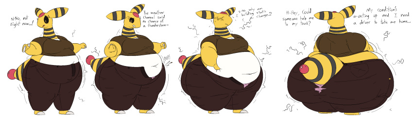 ampharos anthro belly belly_inflation belly_squish bottomwear butt butt_expansion clothing embarrassed english_text expansion female generation_2_pokemon hi_res inflation jeannette_(thatoneaceguy) nintendo pants pokemon pokemon_(species) sequence solo squish text thatoneaceguy torn_bottomwear torn_clothing torn_pants wardrobe_malfunction
