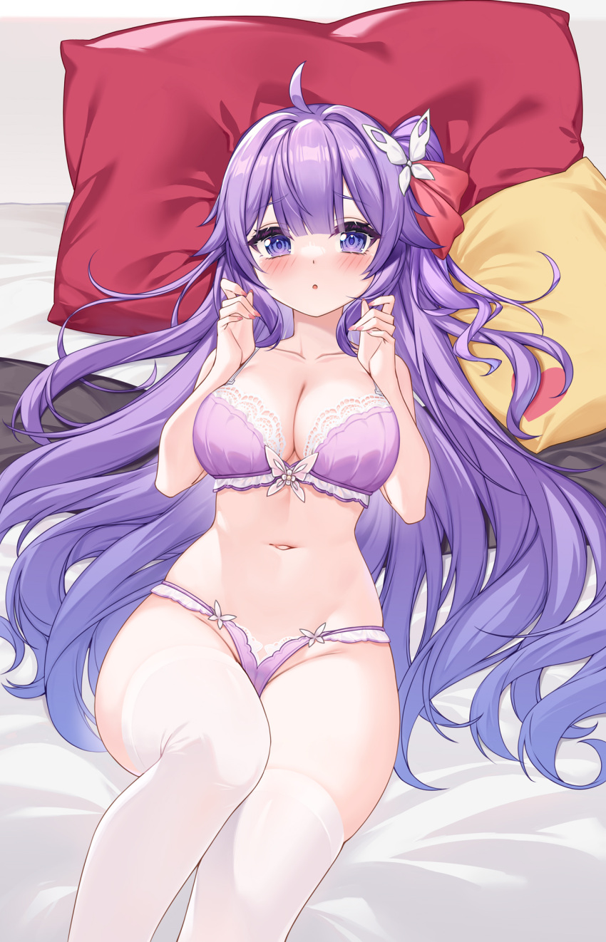 1girl ahoge azur_lane bangs blush bra breasts cleavage hair_bun hair_ribbon highres large_breasts long_hair looking_at_viewer lying navel on_back one_side_up open_mouth panties pillow purple_bra purple_eyes purple_hair purple_panties red_ribbon ribbon single_hair_bun single_side_bun skindentation solo thighhighs underwear underwear_only unicorn_(azur_lane) very_long_hair white_thighhighs yuxian_youka