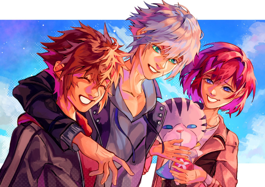 1girl 1other 2boys aqua_eyes arm_around_shoulder black_jacket blue_eyes blue_sky bob_cut brown_hair chirithy closed_eyes creature grey_hair grey_hoodie grin hair_between_eyes highres hood hoodie jacket kairi_(kingdom_hearts) kingdom_hearts kingdom_hearts_iii leather leather_jacket letterboxed looking_at_another multiple_boys outdoors pink_jacket reaqartz red_hair red_hoodie riku_(kingdom_hearts) short_hair sky smile sora_(kingdom_hearts) spiked_hair teeth upper_body