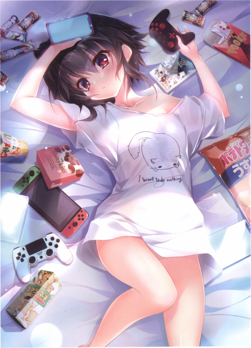 1girl 9-nine- absurdres animal_print arms_up bangs bare_arms bare_legs bed_sheet black_hair blush breasts cat_print cellphone chips_(food) closed_mouth clothes_writing collarbone controller dappled_sunlight expressionless eyelashes feet_out_of_frame fingernails food french_fries game_controller hair_between_eyes hair_intakes head_tilt highres holding holding_controller holding_game_controller holding_phone izumi_tsubasu leg_up looking_at_viewer lying marshmallow naked_shirt nintendo_switch off_shoulder official_art on_back on_bed parody phone pocky potato_chips red_eyes scan shirt short_hair_with_long_locks small_breasts smartphone snack solo sunlight title_parody white_shirt yuuki_noa