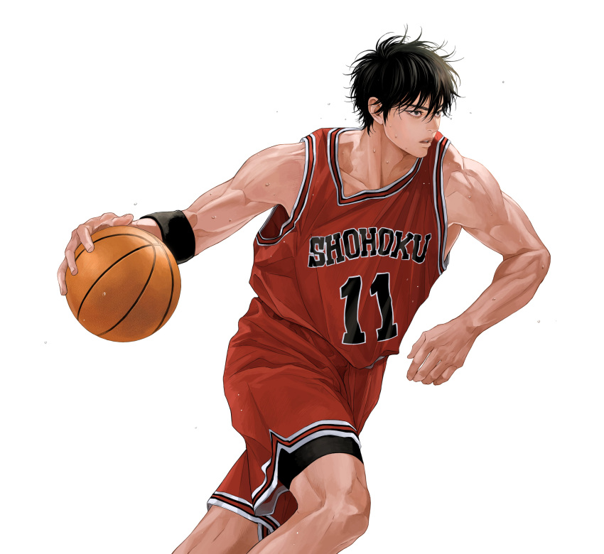 1boy absurdres ball bangs basketball_jersey basketball_uniform black_eyes black_hair hair_between_eyes highres holding holding_ball jersey looking_away male_focus parted_lips red_shirt red_shorts rukawa_kaede shirt short_hair shorts simple_background slam_dunk_(series) sleeveless sleeveless_shirt solo sportswear twoframe white_background