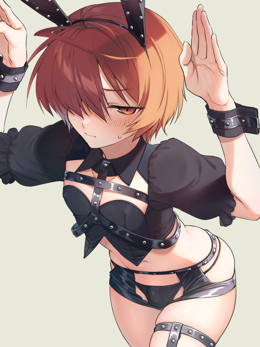 1boy :/ ahoge animal_ears arms_up backlighting bangs black_panties black_shorts blush brown_eyes brown_hair bulge bunny_pose chest_harness cowboy_shot crop_top crotchless_shorts fake_animal_ears fate/grand_order fate_(series) fuuma_kotarou_(fate) hair_over_one_eye harness highres male_focus micro_shorts navel omiyacha open_hands otoko_no_ko panties parted_bangs puffy_short_sleeves puffy_sleeves rabbit_ears short_hair short_sleeves shorts simple_background single_thighhigh skindentation solo standing string_panties studs sweatdrop thighhighs underwear wrist_cuffs