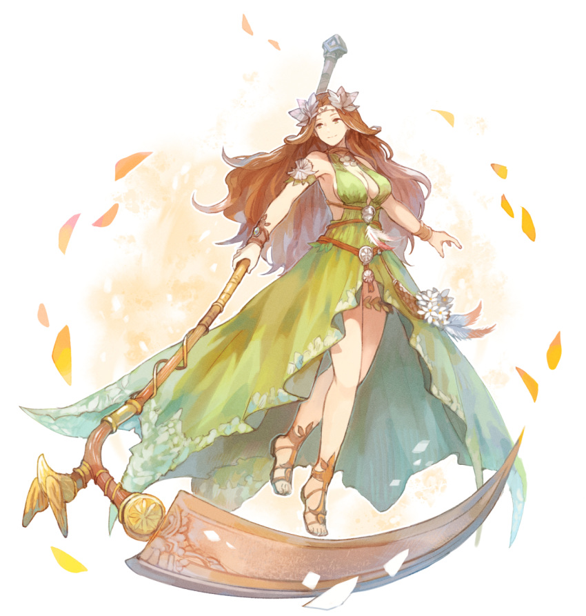 1girl arm_strap bangs breasts brown_hair circle circlet cleavage dress feathers final_fantasy final_fantasy_xiv floating flower full_body green_dress green_eyes hair_ornament highres holding holding_scythe holding_weapon large_breasts leaf_hair_ornament long_hair looking_to_the_side nophica omori_hakumai parted_bangs petals sandals scythe sideboob smile solo strapless strapless_dress thighlet very_long_hair wavy_hair weapon wind wristband