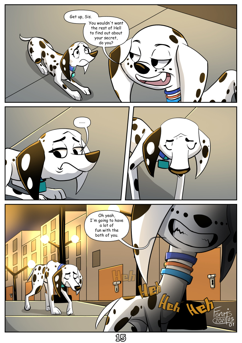 101_dalmatian_street 101_dalmatians absurd_res black_and_white_fur black_eyes canid canine canis collar comic comic_sans dalmatian delilah_(101_dalmatians) delilah_(the_succubus_hunt) demon dialogue disney dolly_(101_dalmatians) domestic_dog doppleganger duo english_text evil_grin evil_laugh fangs female fenris64 feral floppy_ears fur getting_up hi_res leader_(the_succubus_hunt) lying mammal on_front sad scared shadow size_difference small_dom_big_sub small_tail smile speech_bubble spots spotted_body spotted_fur succubus tail taunting teeth text the_succubus_hunt toonkind toony