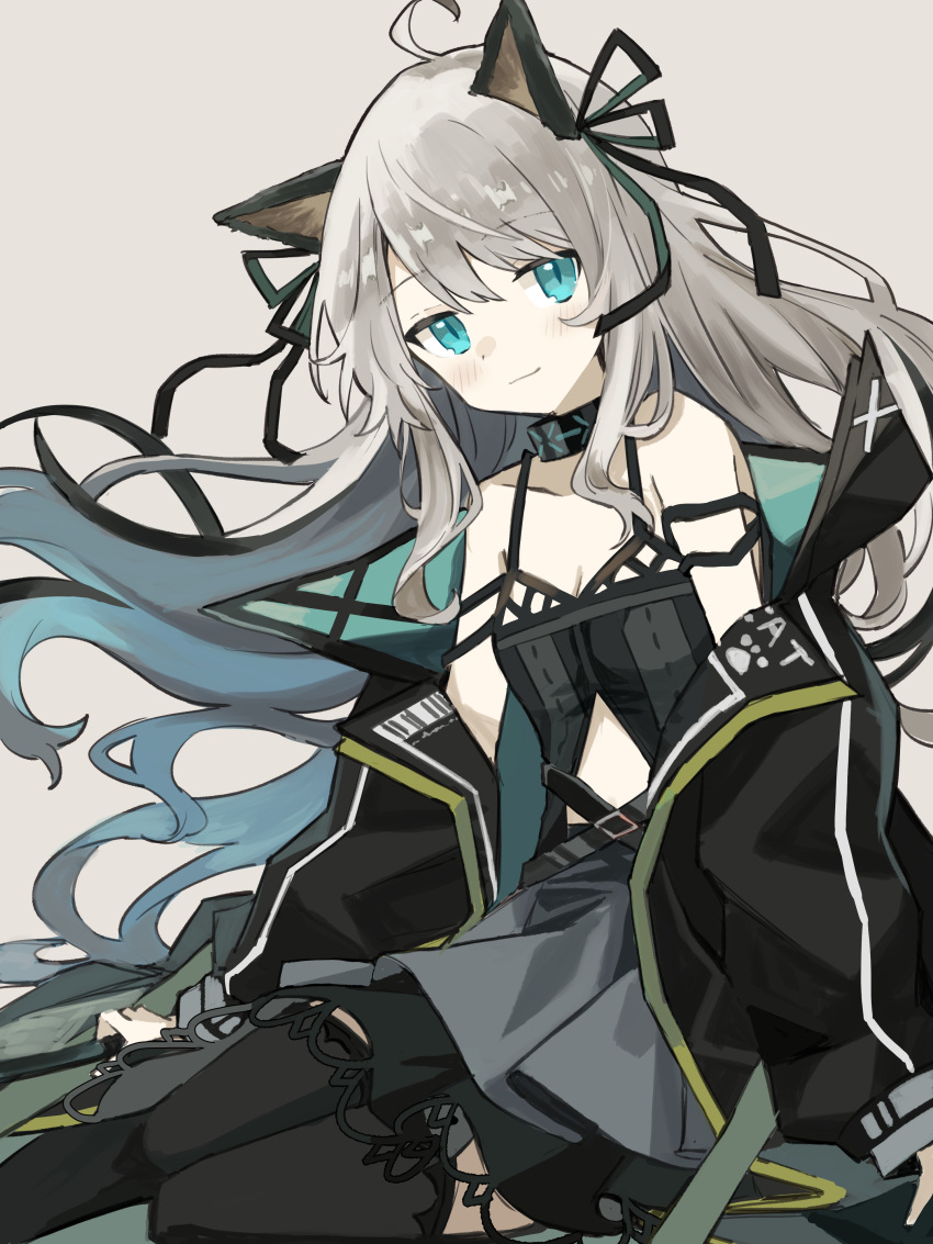 1girl absurdres animal_ears arknights babydoll black_babydoll black_collar black_jacket black_ribbon black_skirt black_thighhighs blue_eyes breasts cat_ears cleavage collar collarbone elite_ii_(arknights) frilled_skirt frills grey_background grey_hair hair_ribbon highres infection_monitor_(arknights) jacket light_blush long_hair looking_at_viewer mint_(arknights) off_shoulder open_clothes open_jacket ribbon shiduki_eku simple_background sitting skirt small_breasts smile solo spaghetti_strap thighhighs very_long_hair