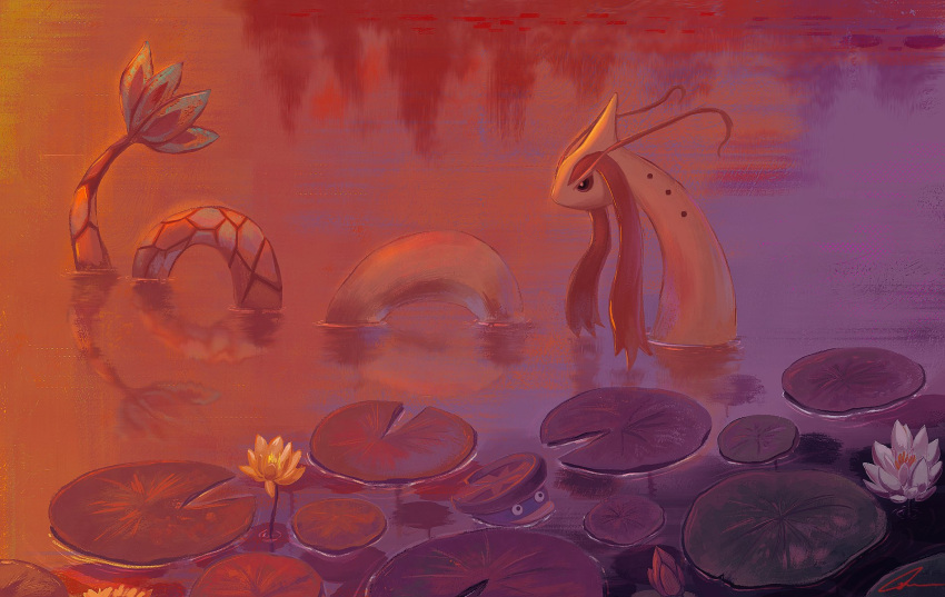 black_eyes bright_pupils colored_sclera commentary highres lily_pad milotic no_humans outdoors pokemon pokemon_(creature) red_sclera reflection solo twilight water white_pupils zeromatter