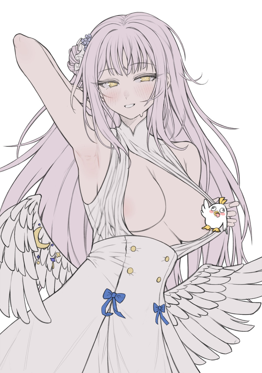 1girl absurdres angel_wings areola_slip arm_up armpits bangs blue_archive blush breasts censored character_censor dress eyelashes feathered_wings flower hair_between_eyes hair_bun hair_flower hair_ornament hair_scrunchie highres large_breasts long_hair looking_at_viewer mika_(blue_archive) nompang novelty_censor peroro_(blue_archive) pink_hair purple_flower scrunchie simple_background single_side_bun solo sweat very_long_hair white_background white_dress white_wings wing_ornament wings
