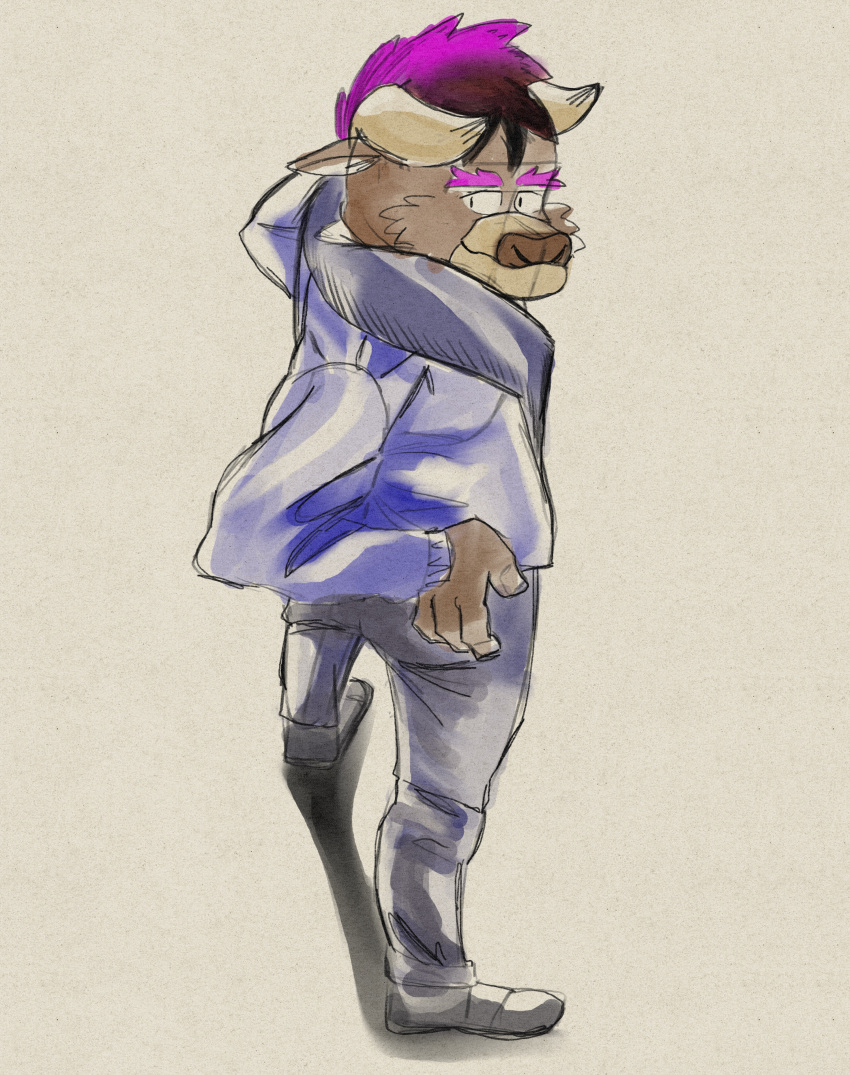 2023 absurd_res anthro biped bottomwear bovid bovine brown_body cattle clothed clothing hair hi_res humanoid_hands kamui_shirow kemono male mammal pants purple_hair simple_background solo