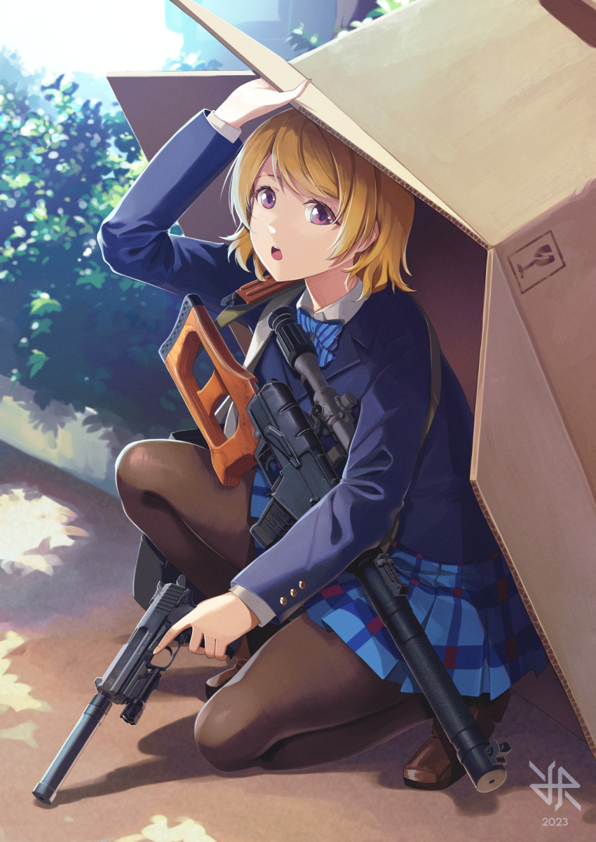 1girl blonde_hair blue_jacket blue_skirt box brown_footwear cardboard_box dated gun h&amp;k_usp handgun heckler_&amp;_koch highres hiroki_ree jacket koizumi_hanayo long_sleeves love_live! open_mouth otonokizaka_school_uniform pantyhose purple_eyes rifle school_uniform short_hair skirt sniper_rifle solo squatting suppressor vss_vintorez weapon