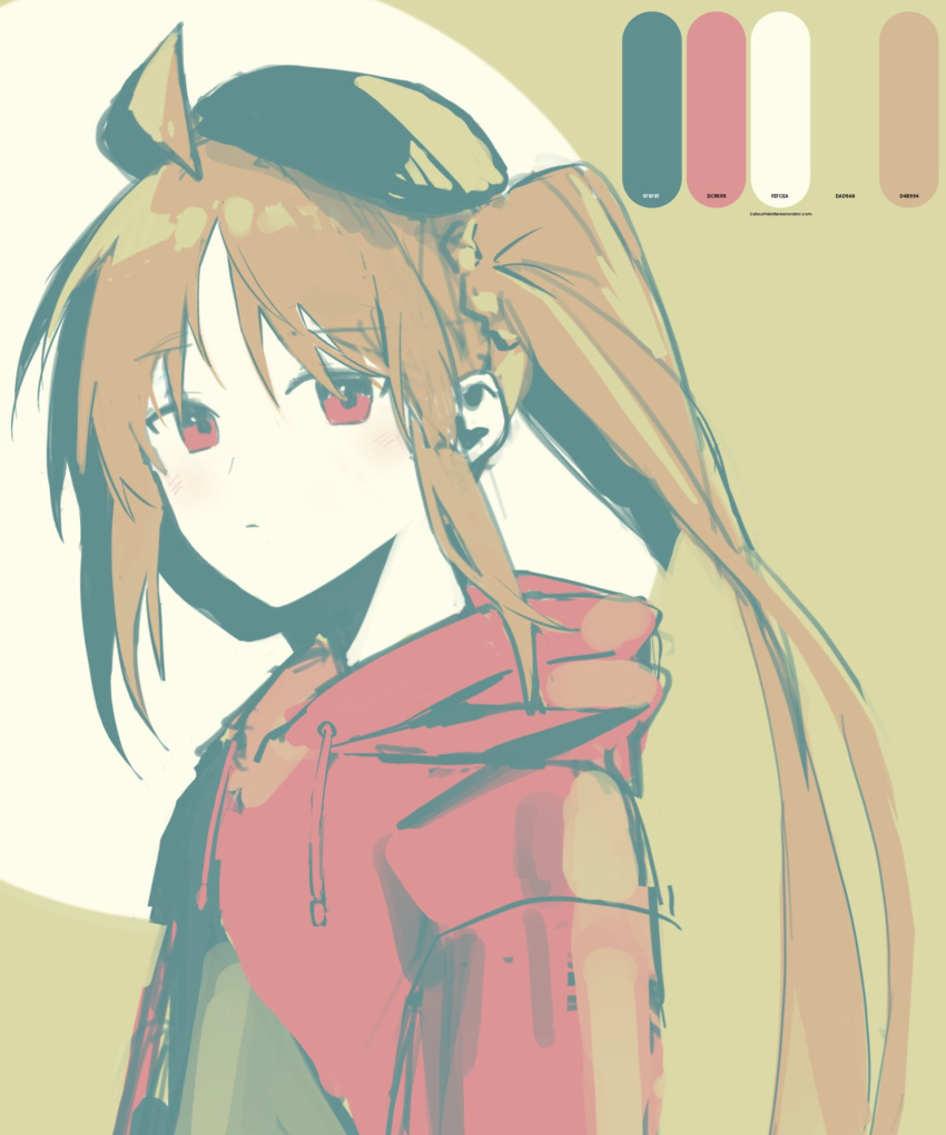 1girl ahoge alternate_eye_color bangs beret black_headwear blonde_hair bocchi_the_rock! chest_strap circle color_guide drop_shadow fanny_pack from_side hat highres hood hood_down hoodie ijichi_nijika light_blush light_frown limited_palette long_hair long_sleeves looking_at_viewer parted_bangs red_eyes red_hoodie shiro_(siro_kuten) side_ponytail sidelocks solo upper_body web_address yellow_background