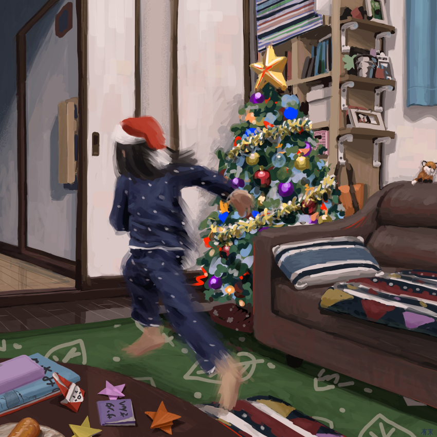 1girl absurdres black_hair blue_pajamas christmas christmas_ornaments christmas_tree coffee_table couch facing_away female_child full_body hat highres indoors living_room long_sleeves medium_hair midair motion_blur origami original pajamas pillow polka_dot polka_dot_pajamas reflective_floor rug running sa1bi santa_hat shouji sliding_doors solo star_ornament table tinsel