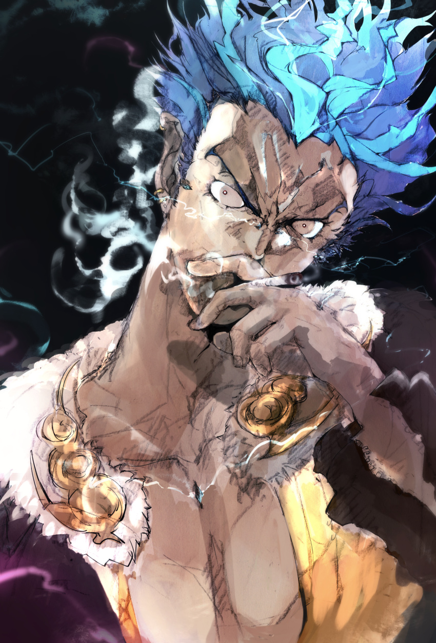 1boy agulo angry black_background blue_hair cigarette ear_piercing highres holding holding_cigarette lei_(rance) lightning looking_at_viewer piercing rance_(series) rance_10 simple_background smoking solo wide-eyed