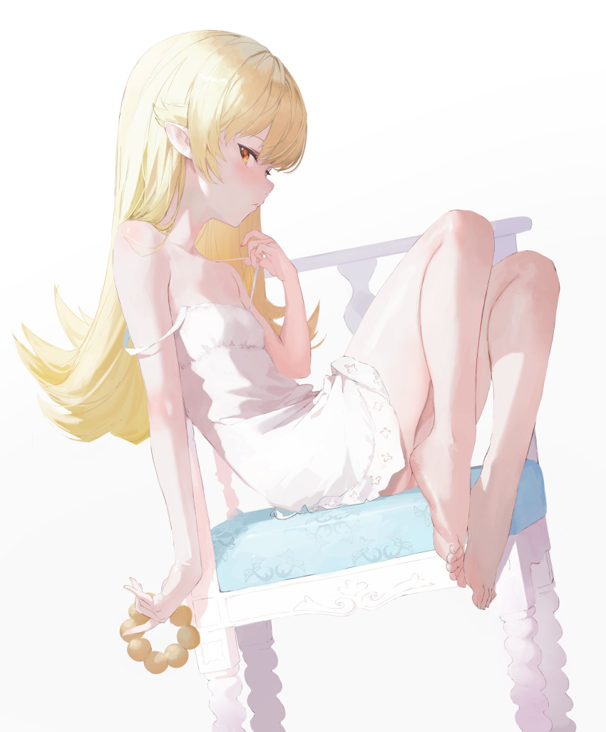 1girl absurdres bakemonogatari bangs bare_legs barefoot blonde_hair blush breasts chair collarbone darr1o doughnut dress dutch_angle eyelashes feet food from_side full_body hand_up highres holding knees_up leaning_back legs legs_together looking_at_viewer monogatari_(series) orange_eyes oshino_shinobu parted_lips pointy_ears shadow shiny_skin short_dress sidelocks sitting small_breasts solo strap_slip thighs toenails toes white_background white_dress