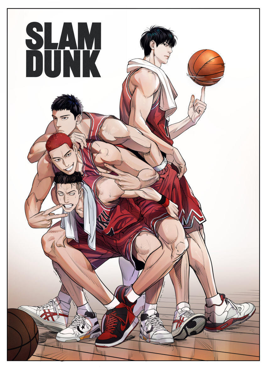 4boys absurdres bangs basketball basketball_court black_eyes brown_hair buzz_cut clenched_teeth closed_mouth copyright_name gimgyeon_(dog_0987) highres jersey korean_commentary looking_at_viewer mitsui_hisashi miyagi_ryouta multiple_boys nike open_mouth pompadour red_hair red_shirt red_shorts rukawa_kaede sakuragi_hanamichi shirt shoes short_hair shorts slam_dunk_(series) sleeveless sleeveless_shirt smile sneakers teeth very_short_hair white_footwear