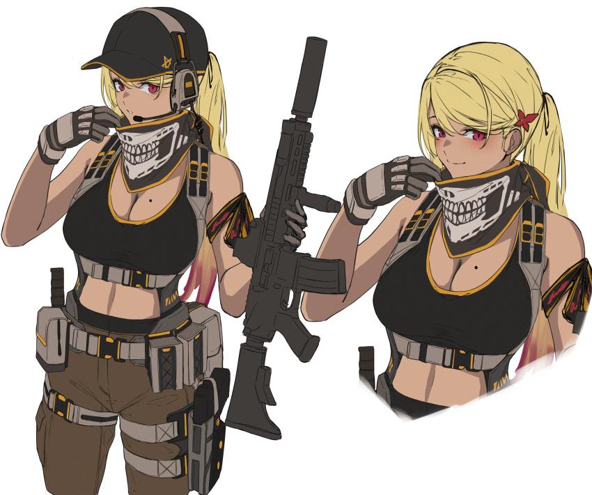 1girl 3_small_spiders absurdres assault_rifle bandana belt_buckle blonde_hair breasts buckle cape cleavage gun handgun headphones highres holding holding_gun holding_weapon holster large_breasts mole mole_on_breast mouthpiece original pants red_eyes reference_sheet rifle smile solo tank_top weapon white_background