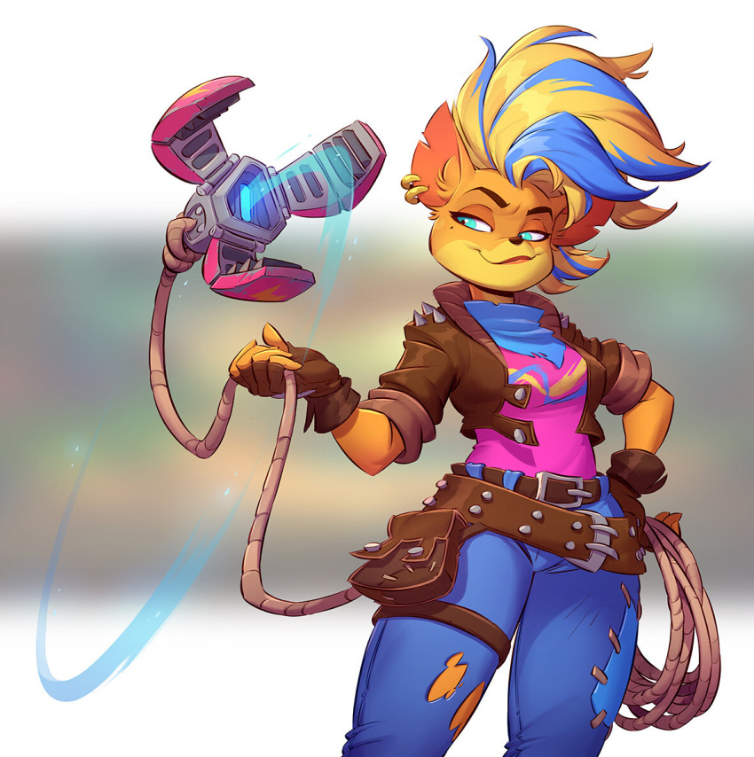 2022 activision anthro belt blue_eyes bottomwear breasts clothing crash_bandicoot_(series) ear_piercing ear_ring female fingerless_gloves gloves hair half-closed_eyes handwear jacket mammal marsupial multicolored_hair narrowed_eyes nicolasaviori pants piercing pirate_tawna ring_piercing rope shirt simple_background smile solo topwear torn_clothing