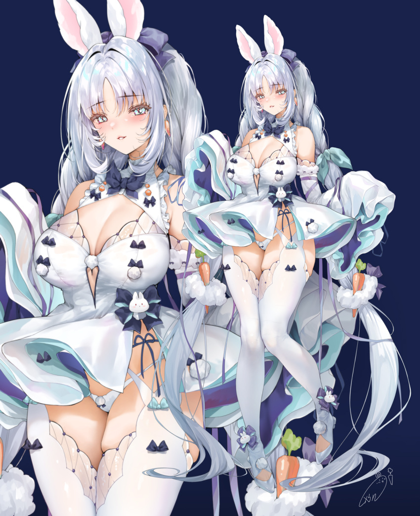 1girl animal_ears aqua_eyes bangs bare_shoulders blue_background blue_bow blue_bowtie blush bow bowtie breasts carrot dress full_body grey_hair hair_ornament highres large_breasts long_hair long_sleeves looking_at_viewer multiple_views obiwan original panties parted_bangs parted_lips rabbit_ears signature simple_background sleeves_past_fingers sleeves_past_wrists thighhighs thighs twintails underwear weisuoxin white_dress white_panties white_thighhighs