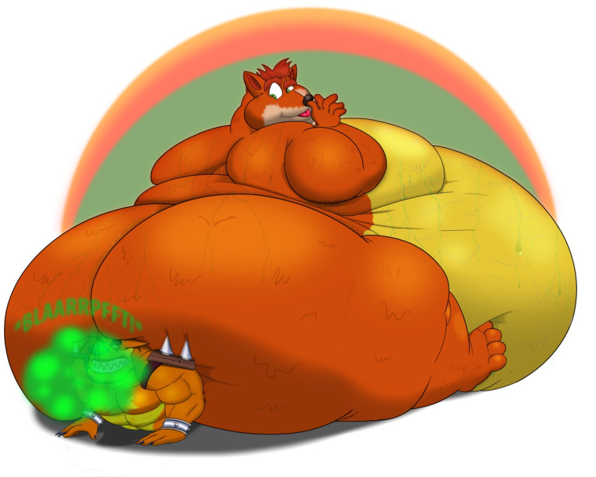 5:4 activision anthro belly big_butt butt crash_bandicoot crash_bandicoot_(series) duo fart feet gman420 huge_butt male male/male onomotopoeia sitting sitting_on_another slightly_chubby tiny_tiger
