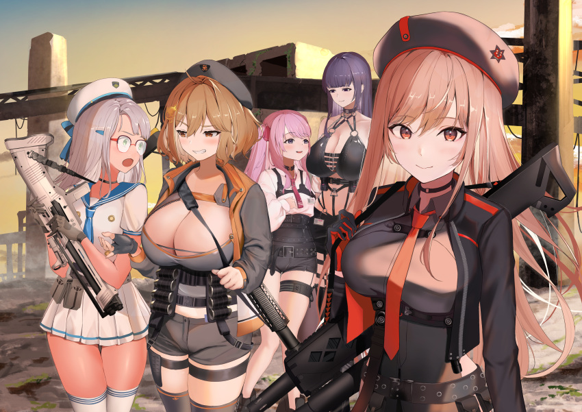 5girls :o absurdres anis_(nikke) assault_rifle bandolier bangs belt beret black_choker blue_neckerchief breasts brown_hair bullpup choker cleavage commentary_request fingerless_gloves glasses gloves goddess_of_victory:_nikke green_eyes grenade_launcher grey_hair grin gun hat highres holding holding_gun holding_weapon large_breasts long_hair looking_at_another looking_at_viewer m32 mihara_(nikke) military miniskirt multiple_girls neckerchief necktie neon_(nikke) outdoors pink_hair pleated_skirt purple_eyes purple_hair rapi_(nikke) red_eyes red_necktie revision rifle sailor_collar short_hair short_shorts shorts shotgun single_fingerless_glove skirt sky smile standard_manufacturing_dp-12 straight_hair strap sunset thigh_strap thighs towrituka weapon yuni_(nikke) zettai_ryouiki