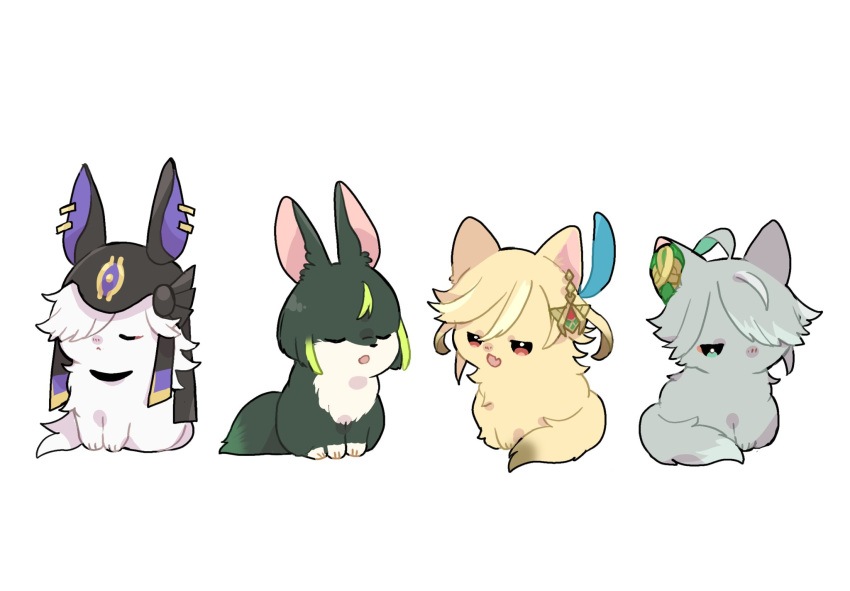 4boys ahoge alhaitham_(genshin_impact) animal animal_ears animalization bangs black_choker black_headwear blonde_hair blue_eyes blue_hair brown_fur brown_hair cat cat_ears cat_tail choker closed_eyes closed_mouth cyno_(genshin_impact) earrings fang feather_hair_ornament feathers fox fox_ears fox_tail genshin_impact gold_earrings gradient_fur green_fur green_hair grey_fur grey_hair hair_between_eyes hair_ornament hair_over_one_eye helmet highres jewelry kaveh_(genshin_impact) long_hair looking_at_another looking_to_the_side male_focus multicolored_hair multiple_boys nasuka_gee no_mouth open_mouth red_eyes short_hair simple_background sitting tail tighnari_(genshin_impact) two-tone_fur two-tone_hair white_background white_fur white_hair yellow_fur