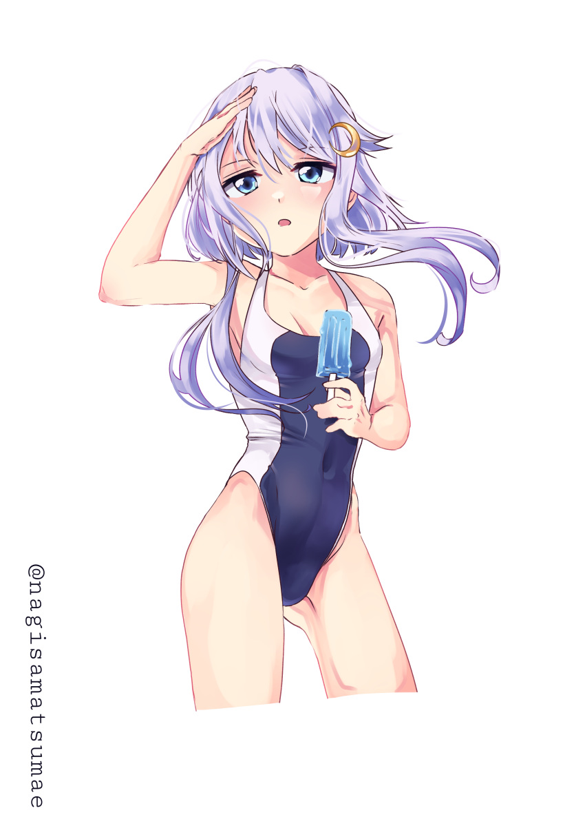 1girl absurdres blue_one-piece_swimsuit contrapposto covered_navel crescent crescent_hair_ornament cropped_legs food hair_ornament highres kantai_collection looking_up nagisamatsumae one-hour_drawing_challenge one-piece_swimsuit popsicle purple_hair shading_eyes short_hair short_hair_with_long_locks simple_background solo standing swimsuit two-tone_swimsuit white_background yayoi_(kancolle)